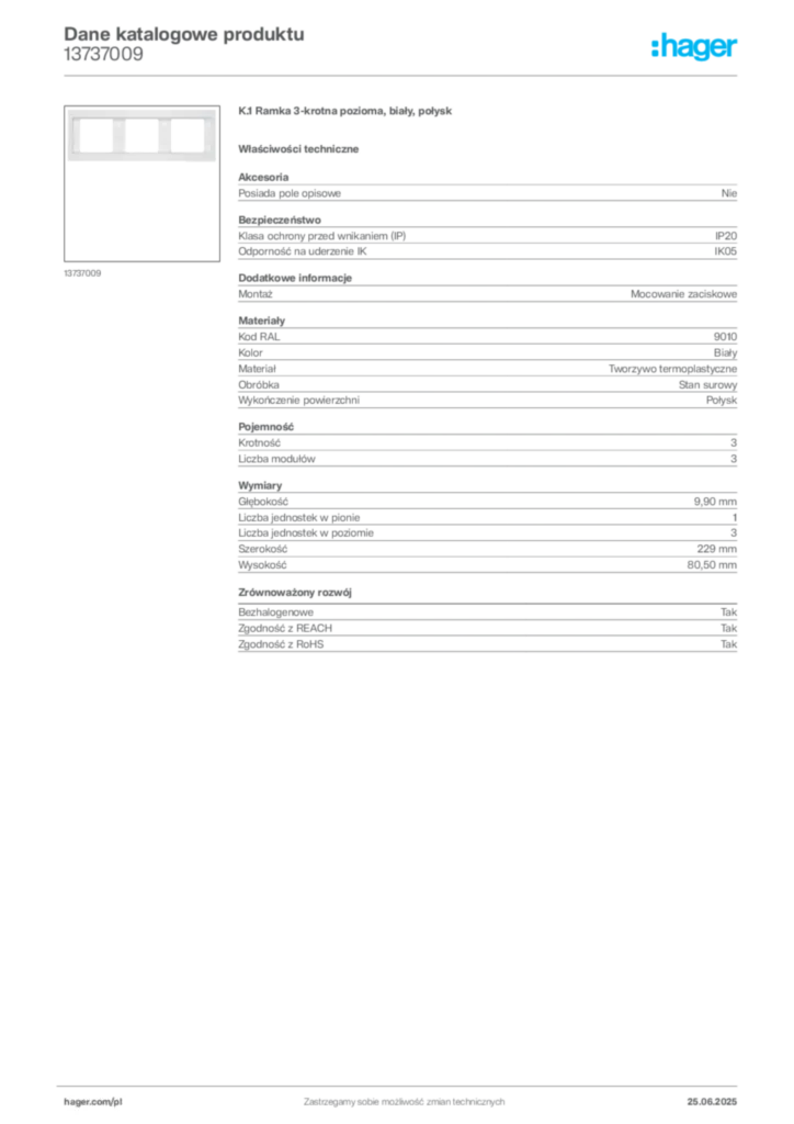 Zdjęcie Hager Karta katalogowa 13737009 | Hager Polska