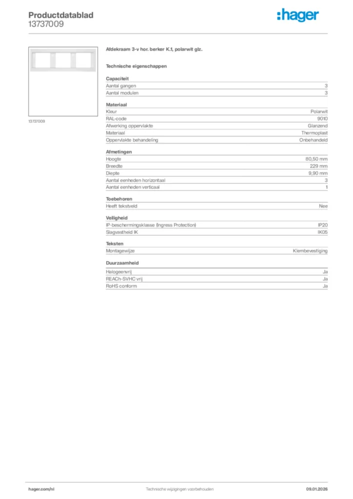 Afbeelding Hager Productdatablad 13737009 | Hager Nederland