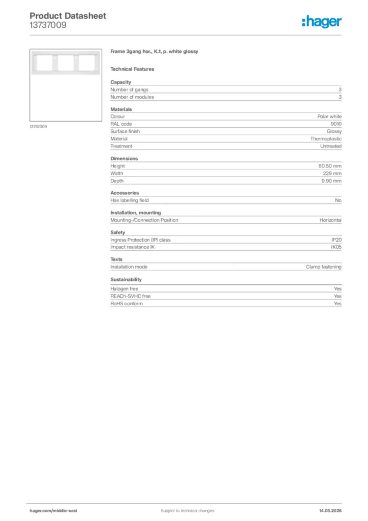 Image Hager Product data sheet 13737009  | Hager
