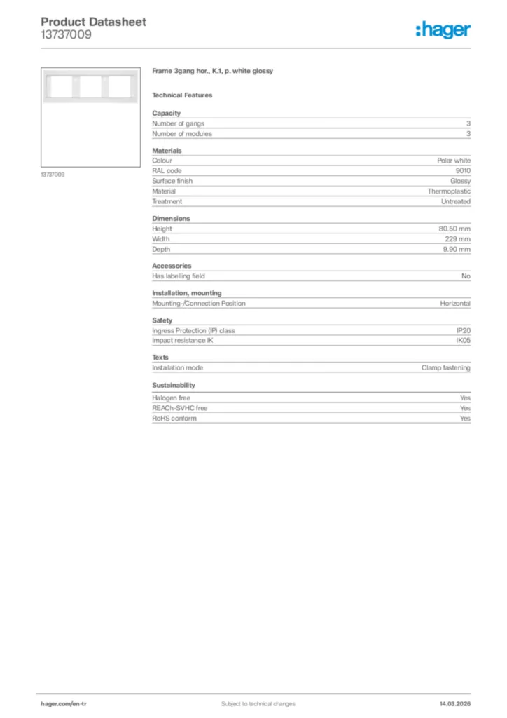 Image Hager Product data sheet 13737009  | Hager