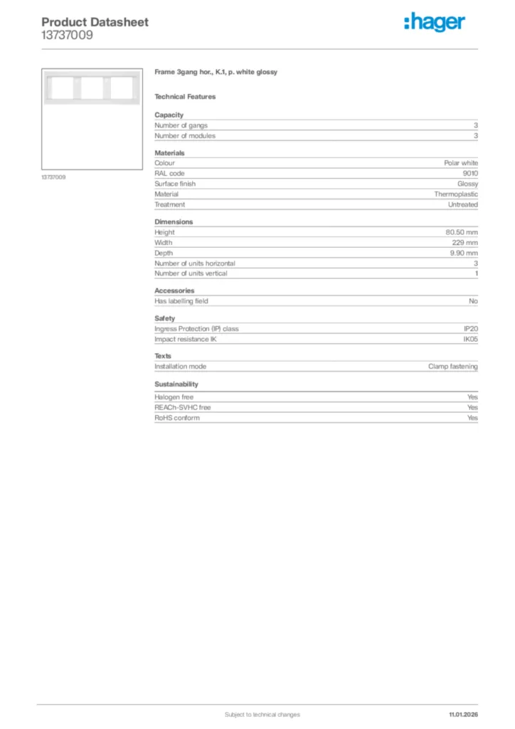 Image Hager Product data sheet 13737009  | Hager