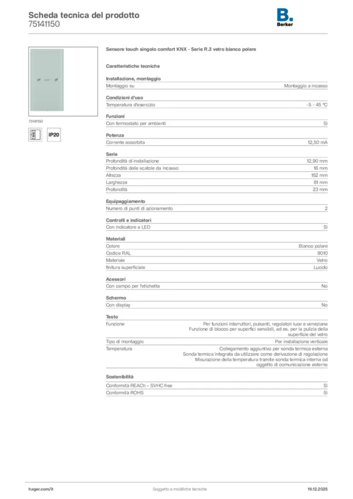 Immagine Berker Scheda tecnica del prodotto 75141150 | Hager Italia