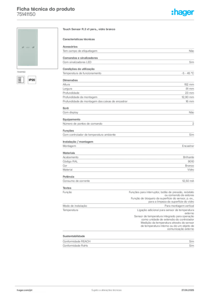 Imagem Hager Ficha técnica do produto 75141150 | Hager Portugal