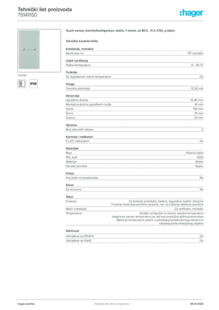 Slika Hager Product data sheet 75141150  | Hager