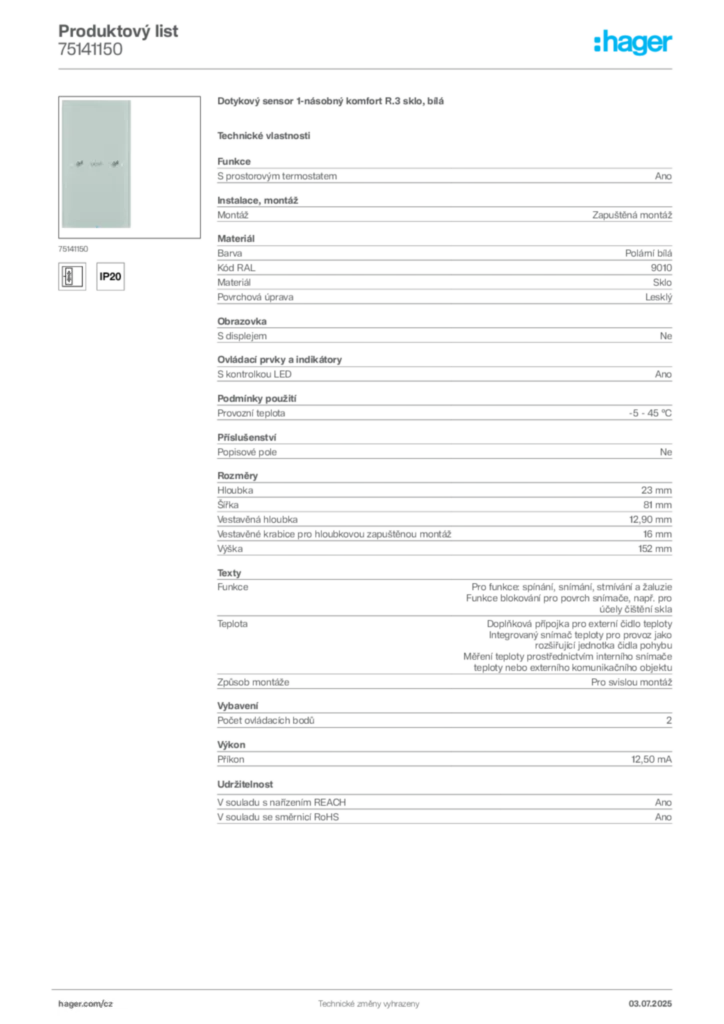 Obrázek Hager Produktový list 75141150 | Hager