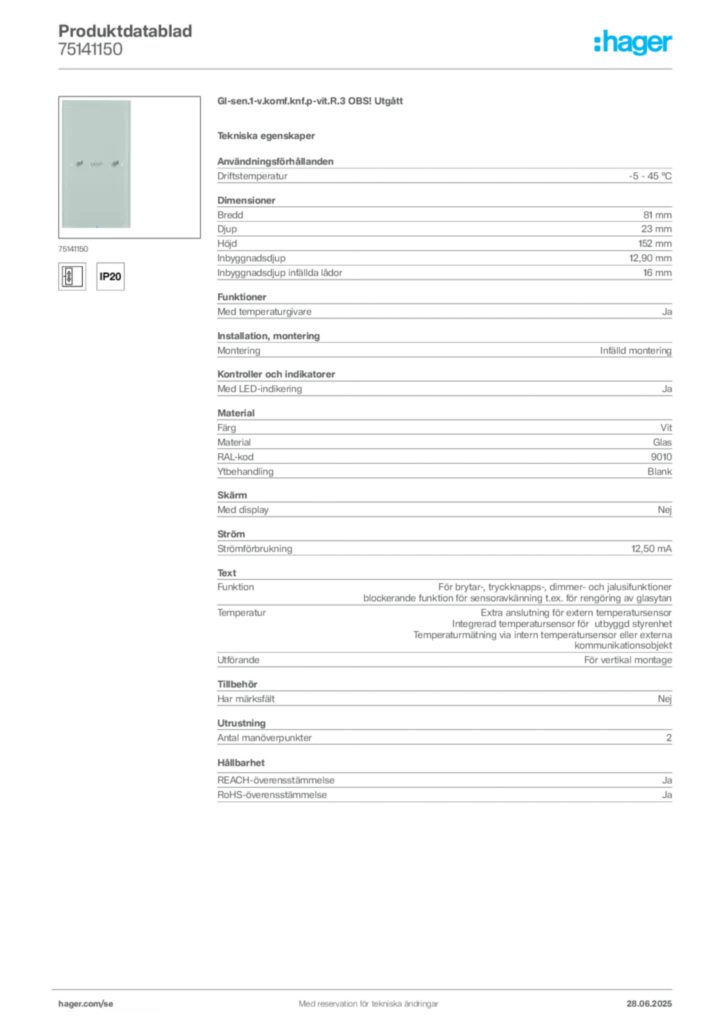 Bild Hager Produktdatablad 75141150 | Hager Sverige