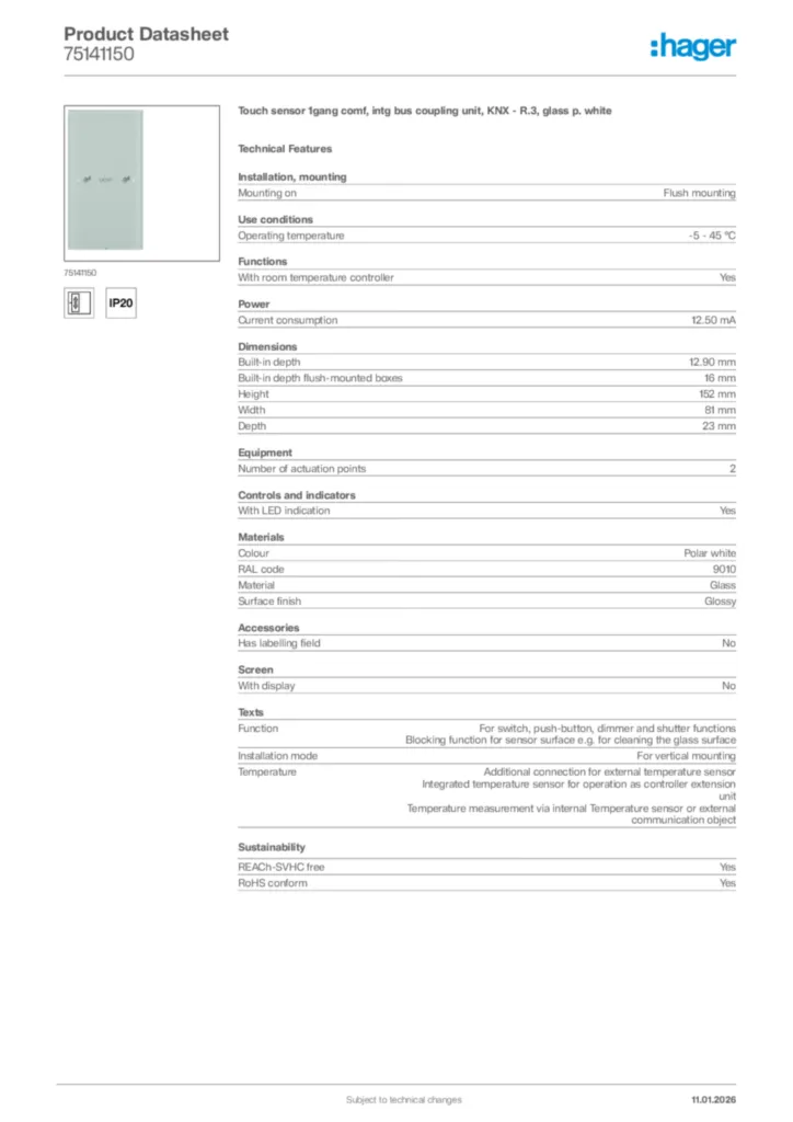 Image Hager Product data sheet 75141150  | Hager