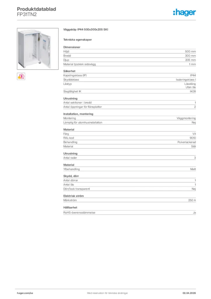 Bild Hager Produktdatablad FP31TN2 | Hager Sverige