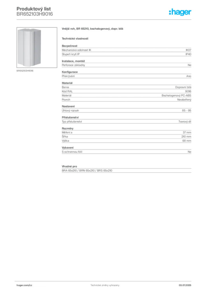 Obrázek Hager Produktový list BR652103H9016 | Hager