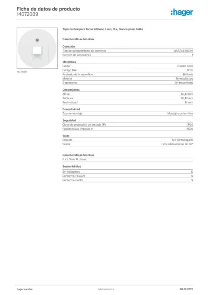 Imagen Hager Ficha de datos de producto 14072089 | Hager España
