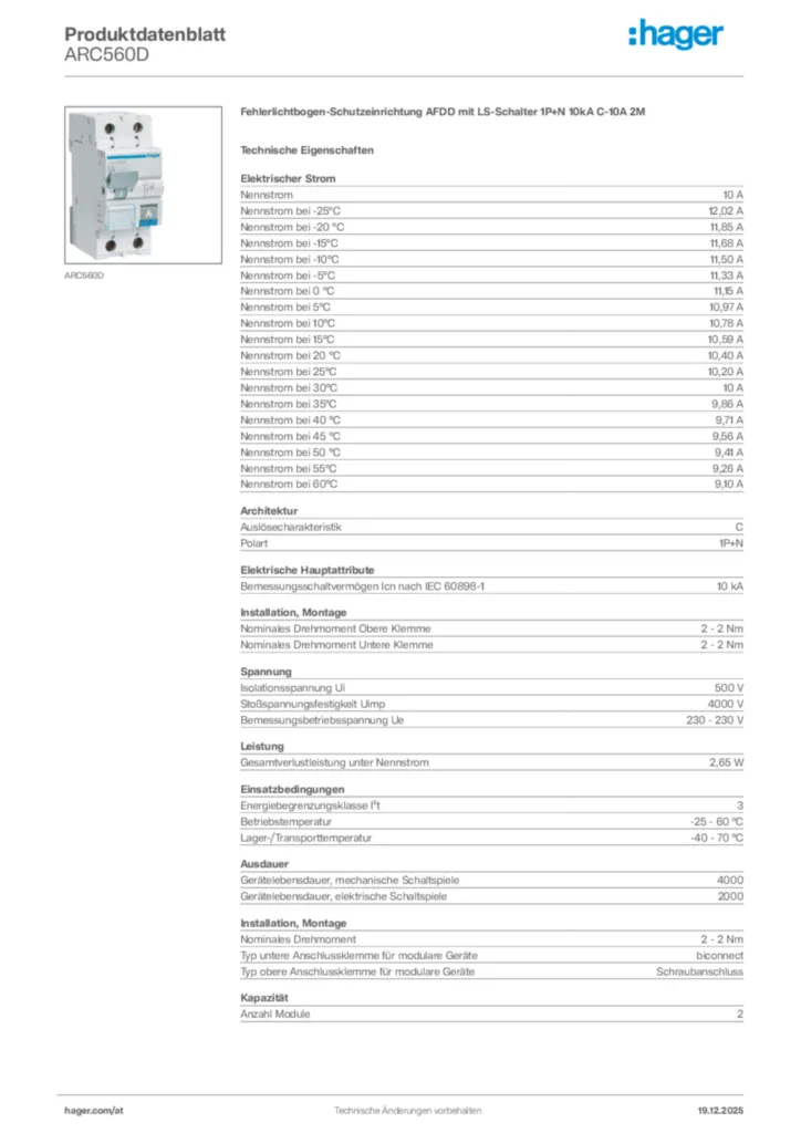 Bild Hager Produktdatenblatt ARC560D | Hager Deutschland