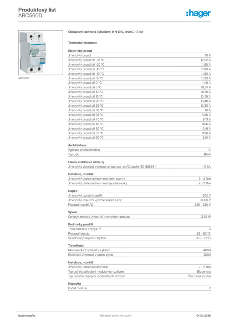 Obrázek Hager Product data sheet ARC560D | Hager
