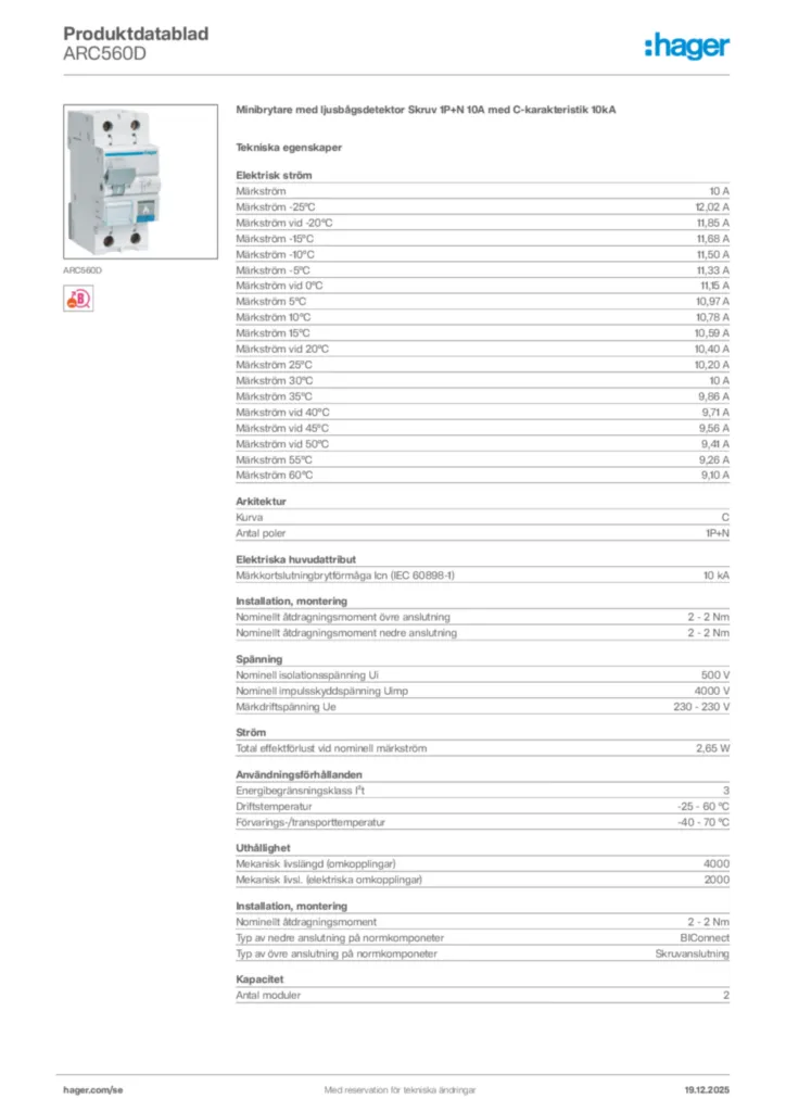 Bild Hager Produktdatablad ARC560D | Hager Sverige