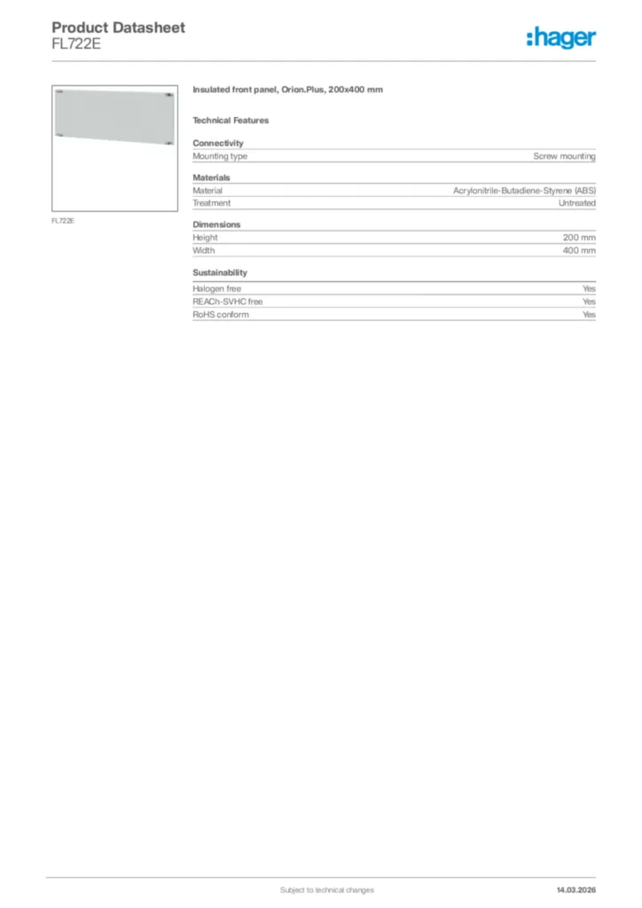 Image Hager Product data sheet FL722E  | Hager Africa