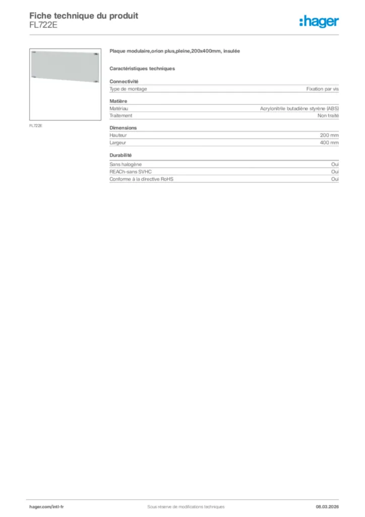 Image Hager Fiche technique du produit FL722E | Hager Afrique