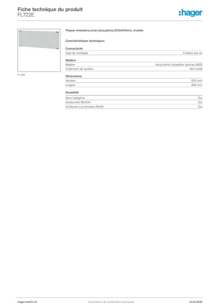 Image Hager Fiche technique du produit FL722E | Hager Suisse