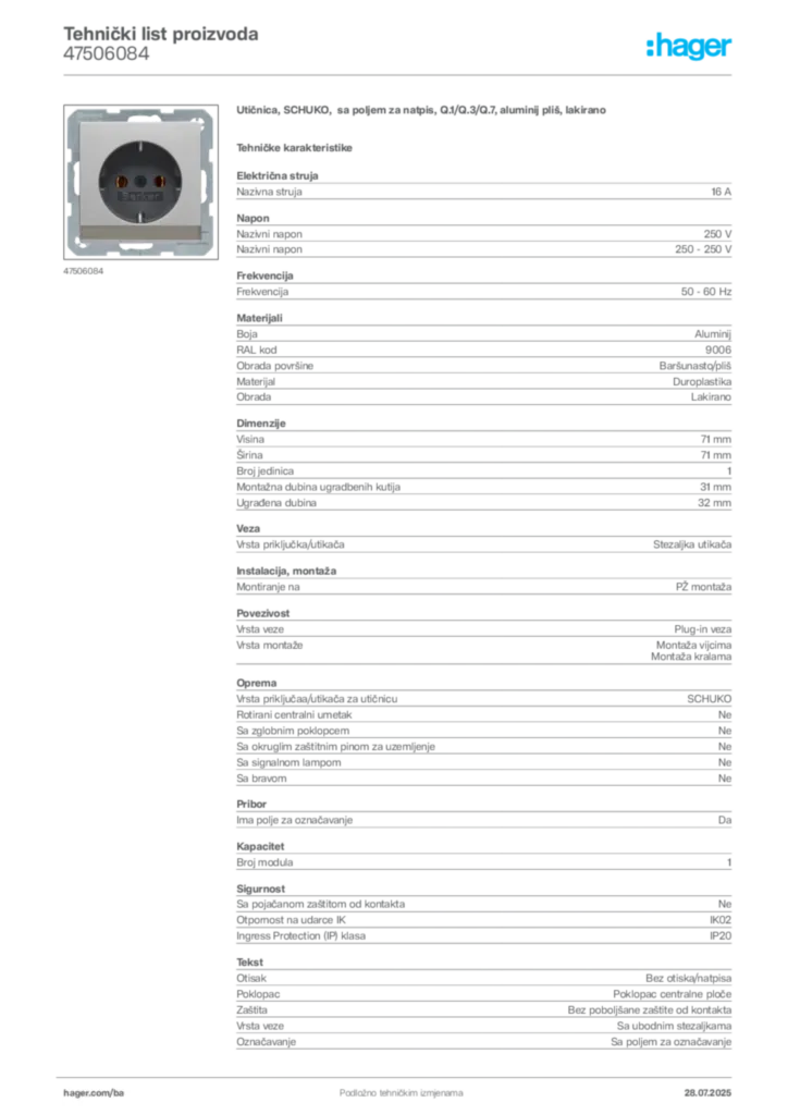 Slika Hager Product data sheet 47506084  | Hager