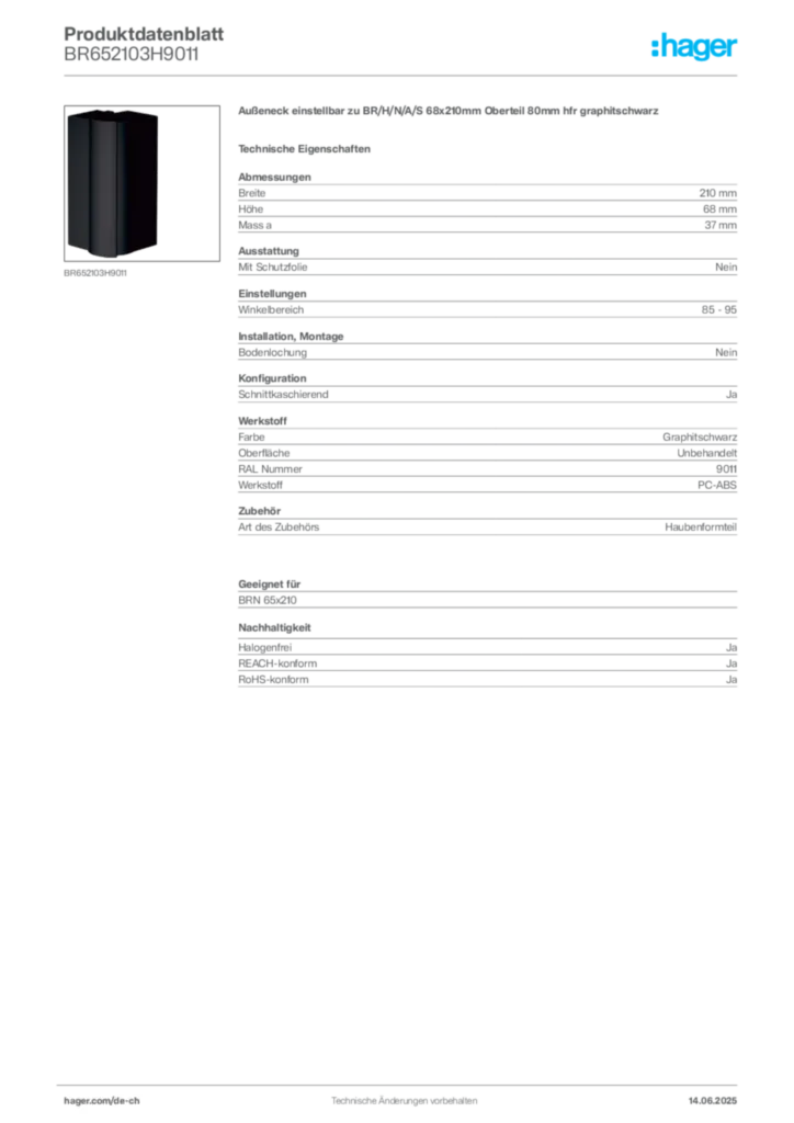 Bild Hager Produktdatenblatt BR652103H9011 | Hager Schweiz
