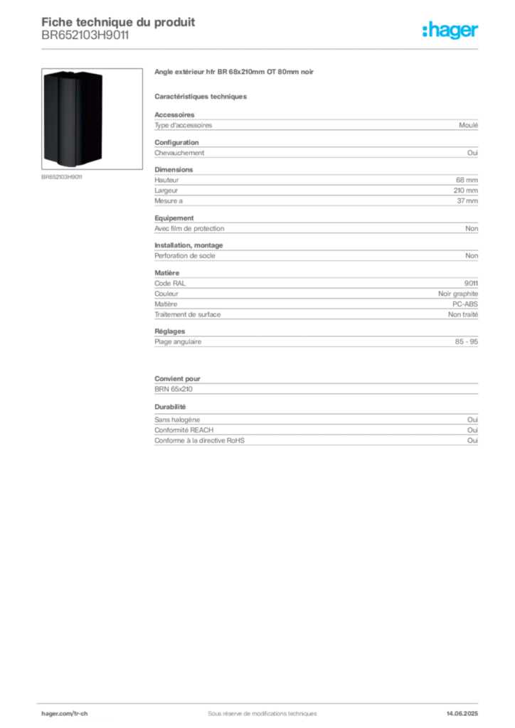 Image Hager Fiche technique du produit BR652103H9011 | Hager Suisse
