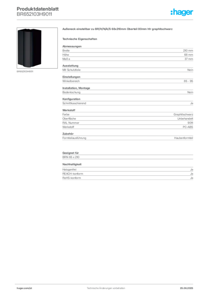 Bild Hager Produktdatenblatt BR652103H9011 | Hager Deutschland