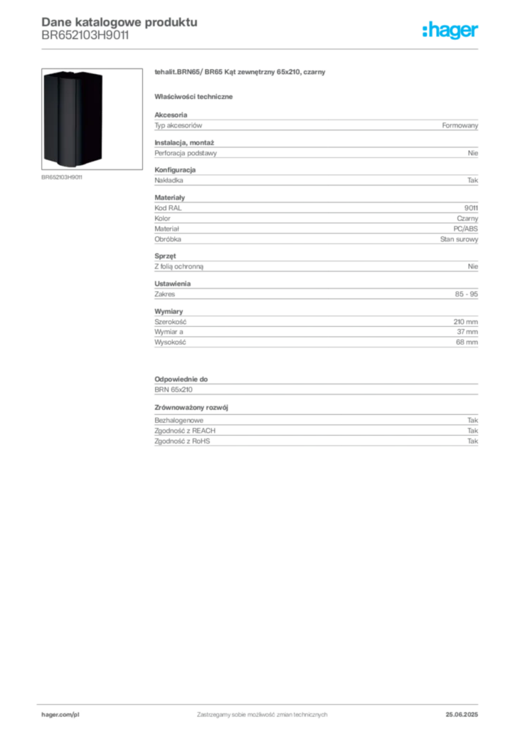 Zdjęcie Hager Karta katalogowa BR652103H9011 | Hager Polska
