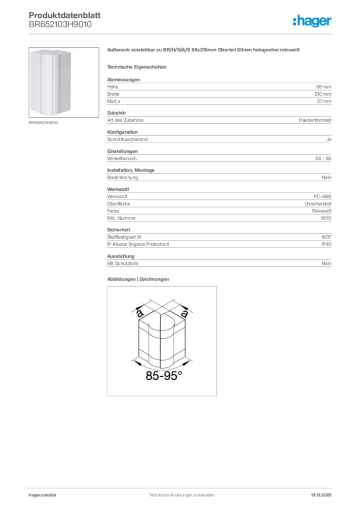 Bild Hager Produktdatenblatt BR652103H9010 | Hager Deutschland