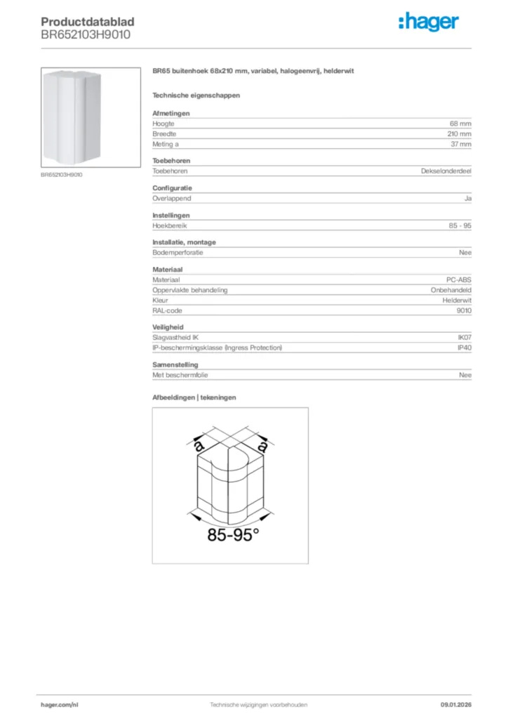 Afbeelding Hager Productdatablad BR652103H9010 | Hager Nederland