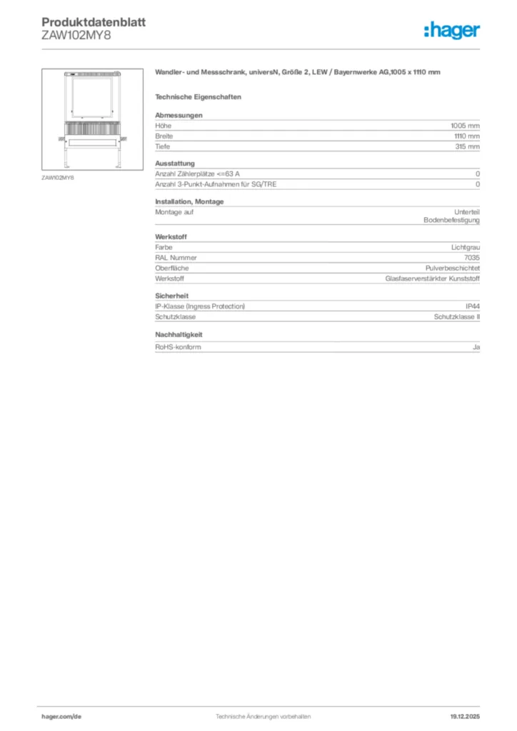 Bild Hager Produktdatenblatt ZAW102MY8 | Hager Deutschland