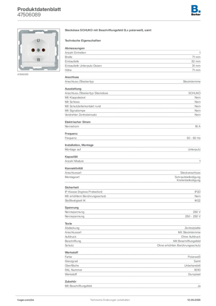 Bild Berker Produktdatenblatt 47506089 | Hager Deutschland