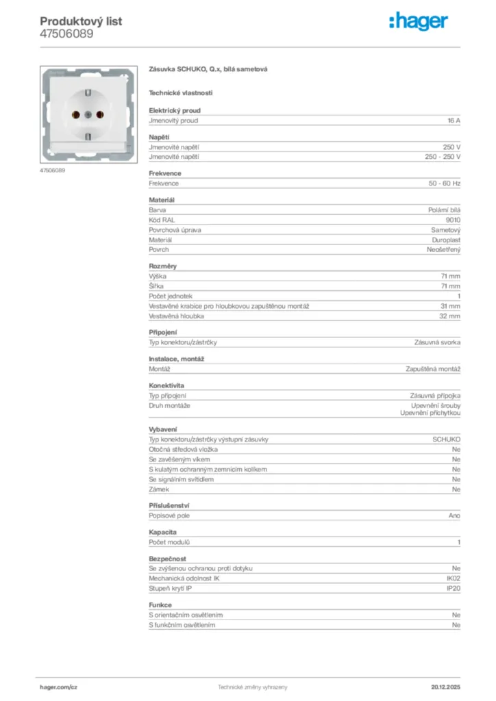 Obrázek Hager Produktový list 47506089 | Hager