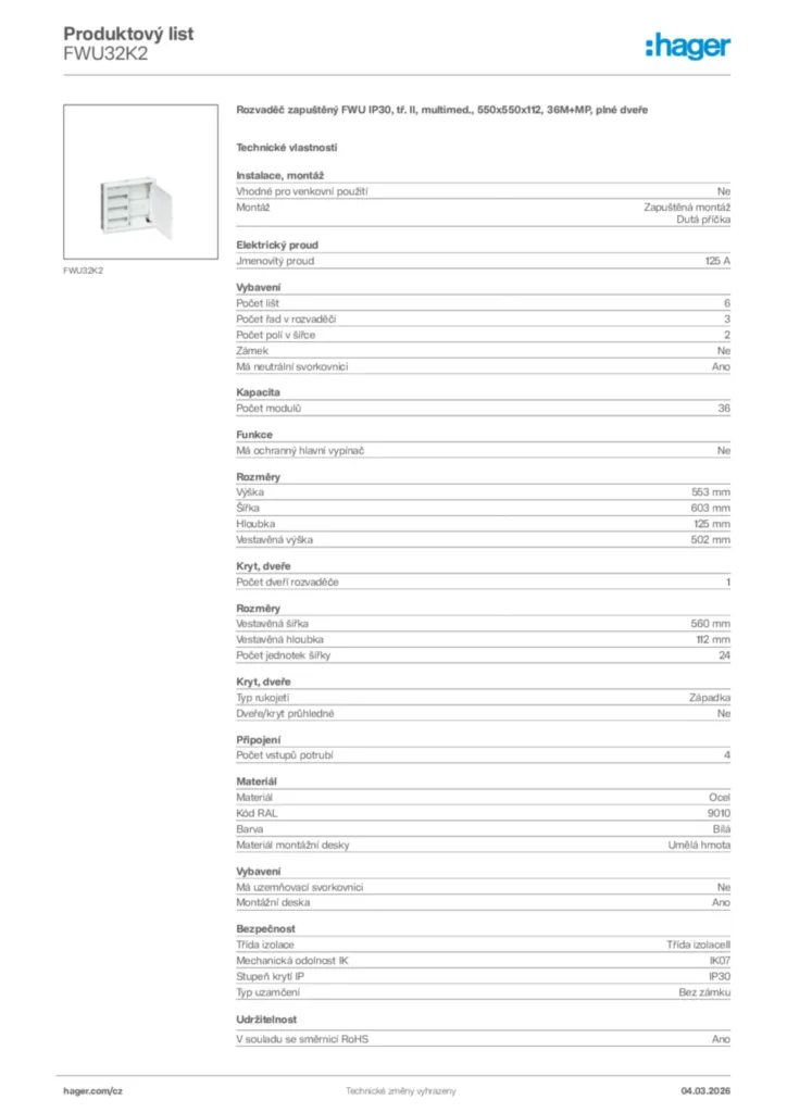 Obrázek Hager Product data sheet FWU32K2 | Hager