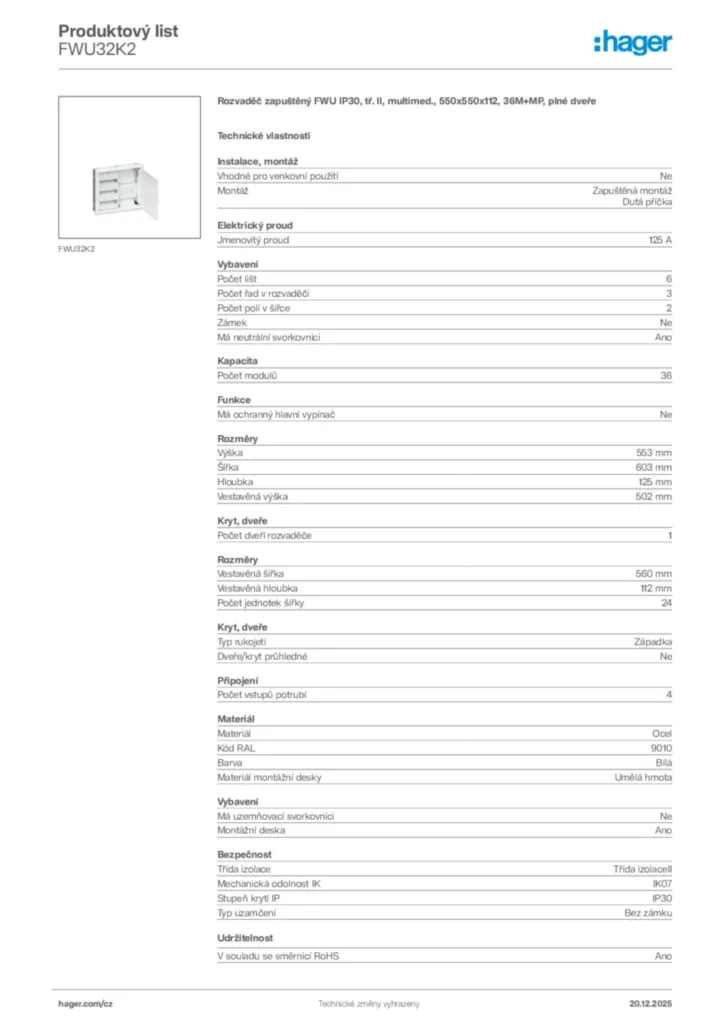 Obrázek Hager Produktový list FWU32K2 | Hager