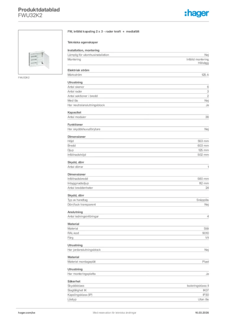 Bild Hager Produktdatablad FWU32K2 | Hager Sverige