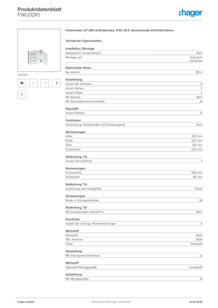 Bild Hager Produktdatenblatt FWU32K1 | Hager Deutschland