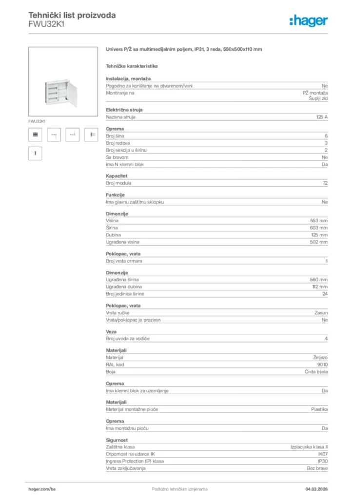 Slika Hager Tehnički list proizvoda FWU32K1  | Hager