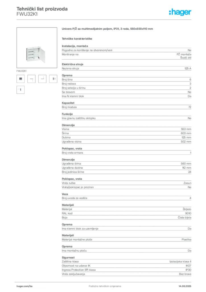 Slika Hager Product data sheet FWU32K1  | Hager