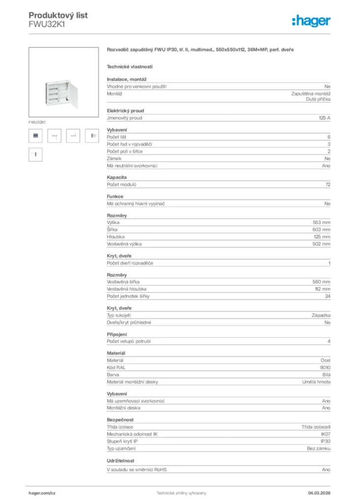 Obrázek Hager Product data sheet FWU32K1 | Hager