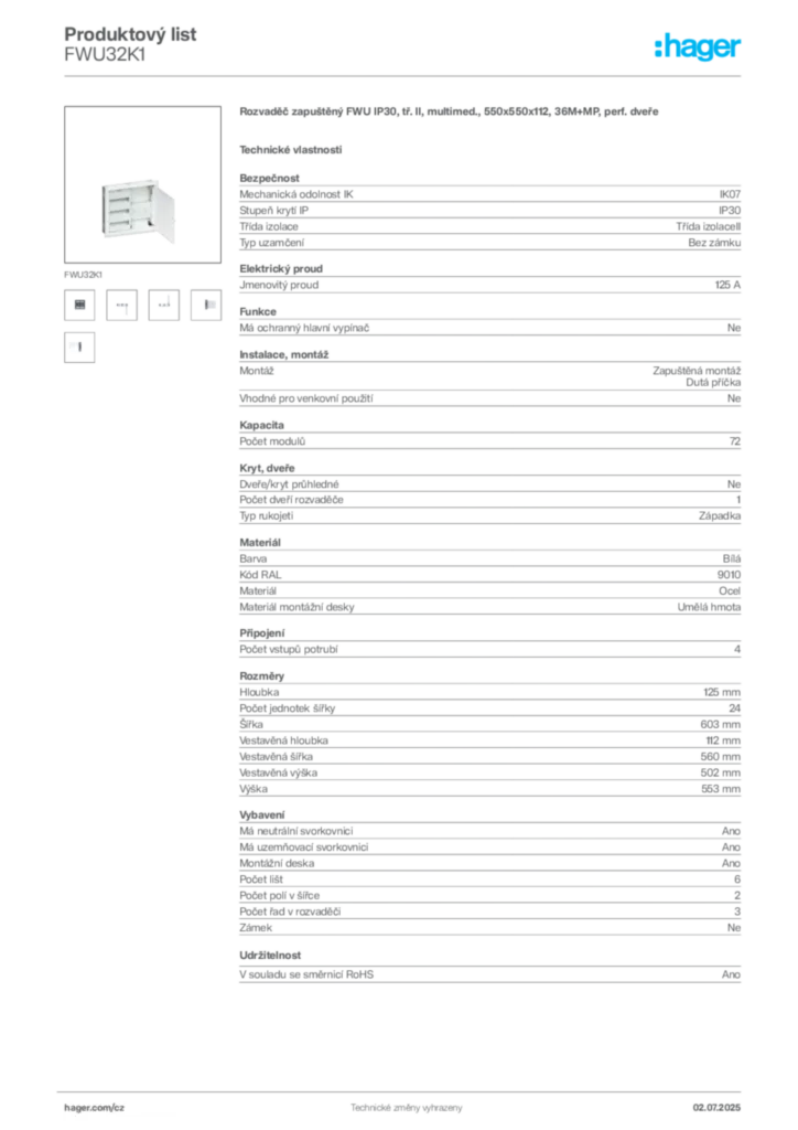 Obrázek Hager Produktový list FWU32K1 | Hager