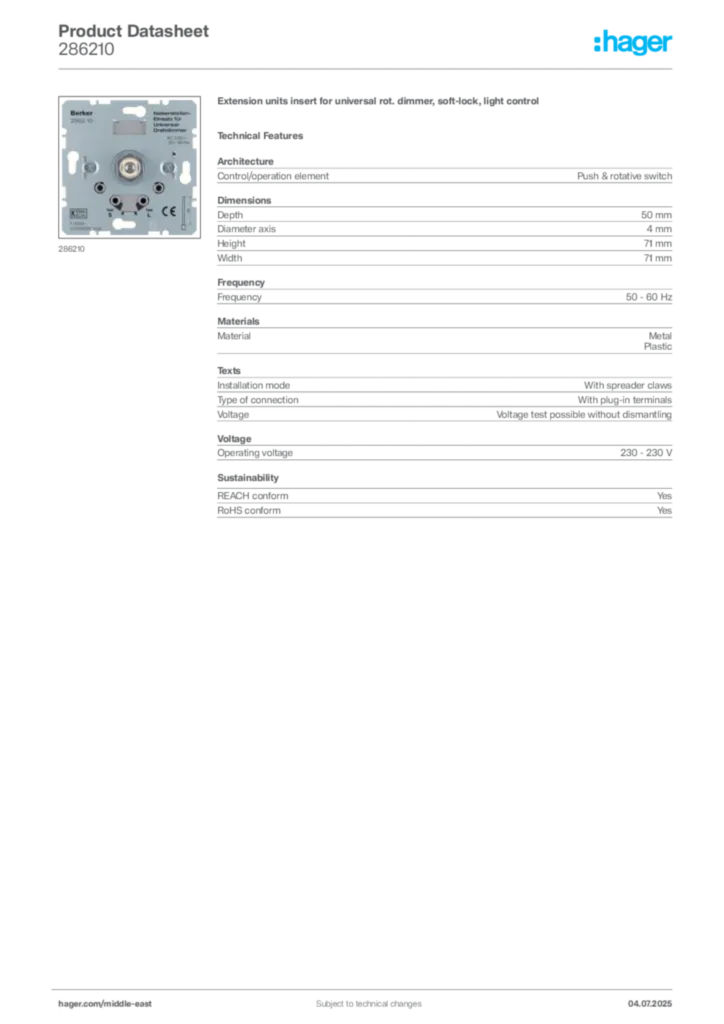 Image Hager Product data sheet 286210  | Hager