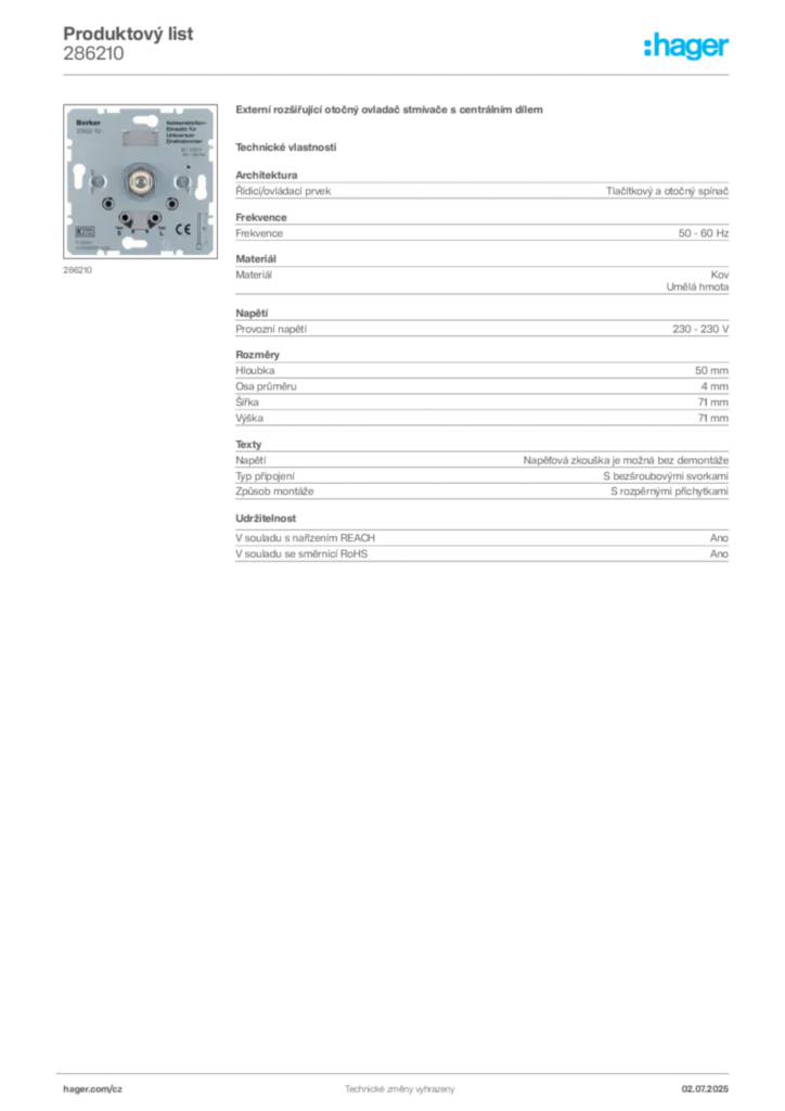 Obrázek Hager Produktový list 286210 | Hager