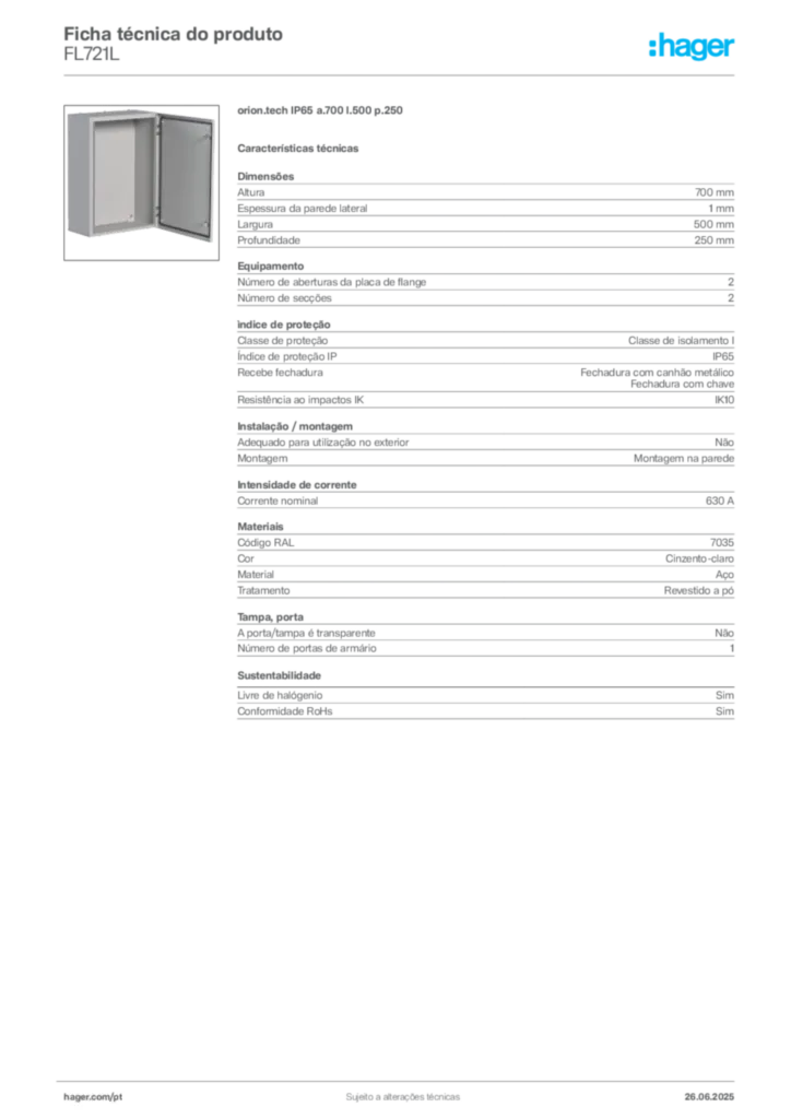 Imagem Hager Ficha técnica do produto FL721L | Hager Portugal