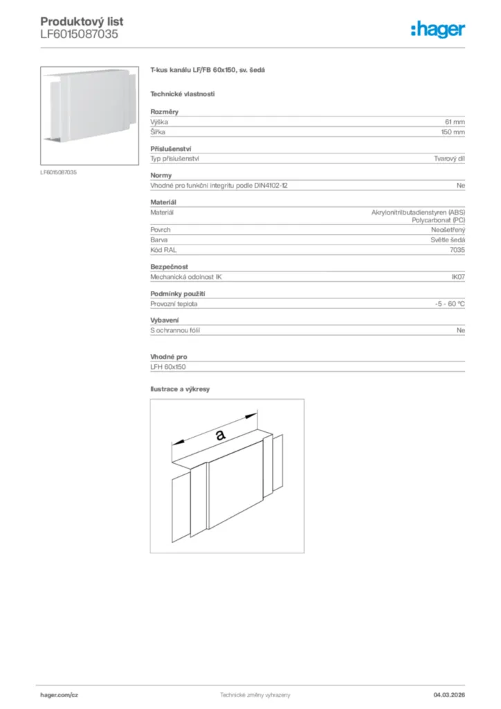 Obrázek Hager Product data sheet LF6015087035 | Hager