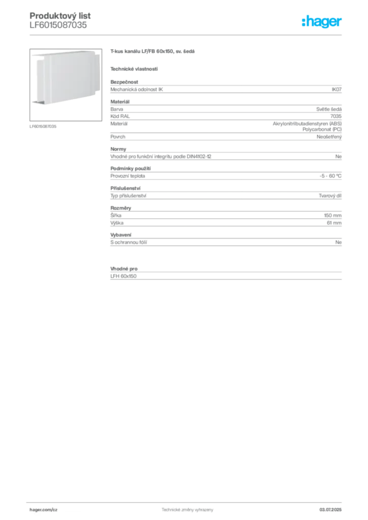 Obrázek Hager Produktový list LF6015087035 | Hager