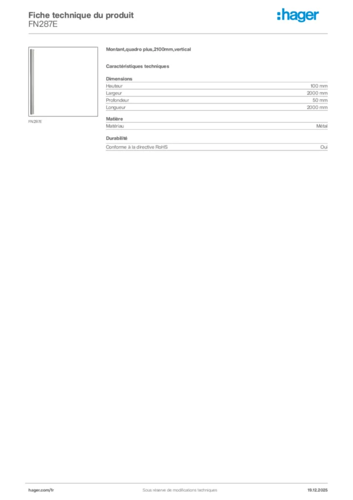 Image Hager Fiche technique du produit FN287E | Hager France