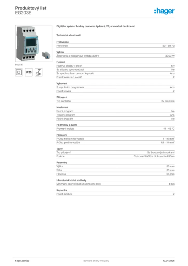 Obrázek Hager Product data sheet EG203E | Hager
