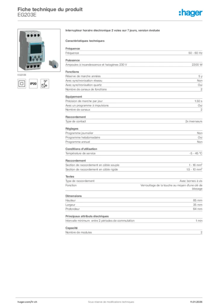 Image Hager Fiche technique du produit EG203E | Hager Suisse