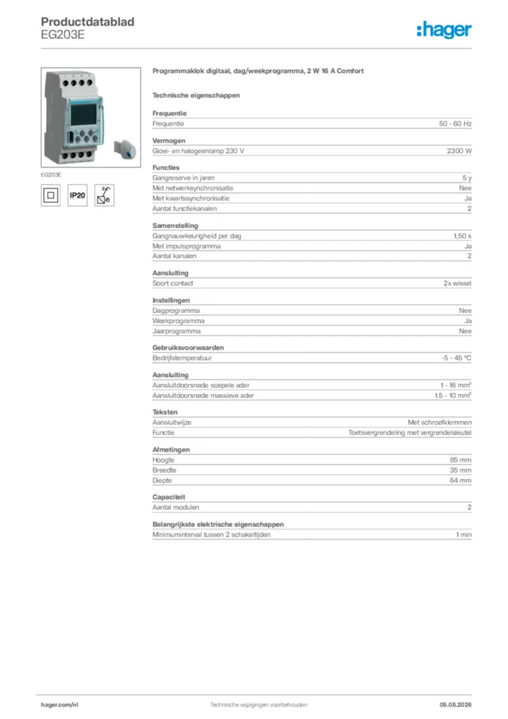 Afbeelding Hager Productdatablad EG203E | Hager Nederland