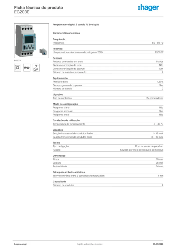 Imagem Hager Ficha técnica do produto EG203E | Hager Portugal