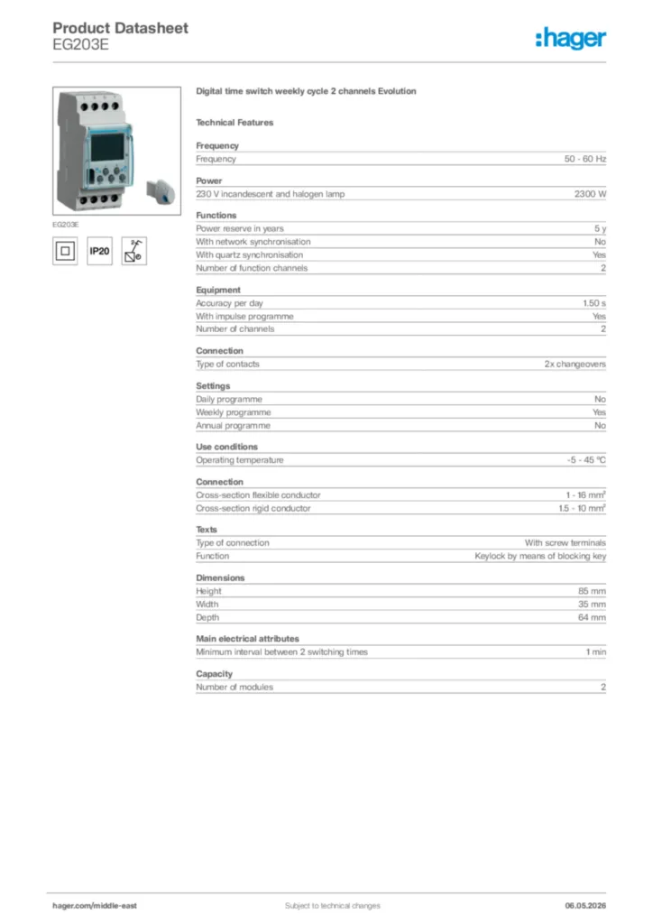 Image Hager Product data sheet EG203E  | Hager