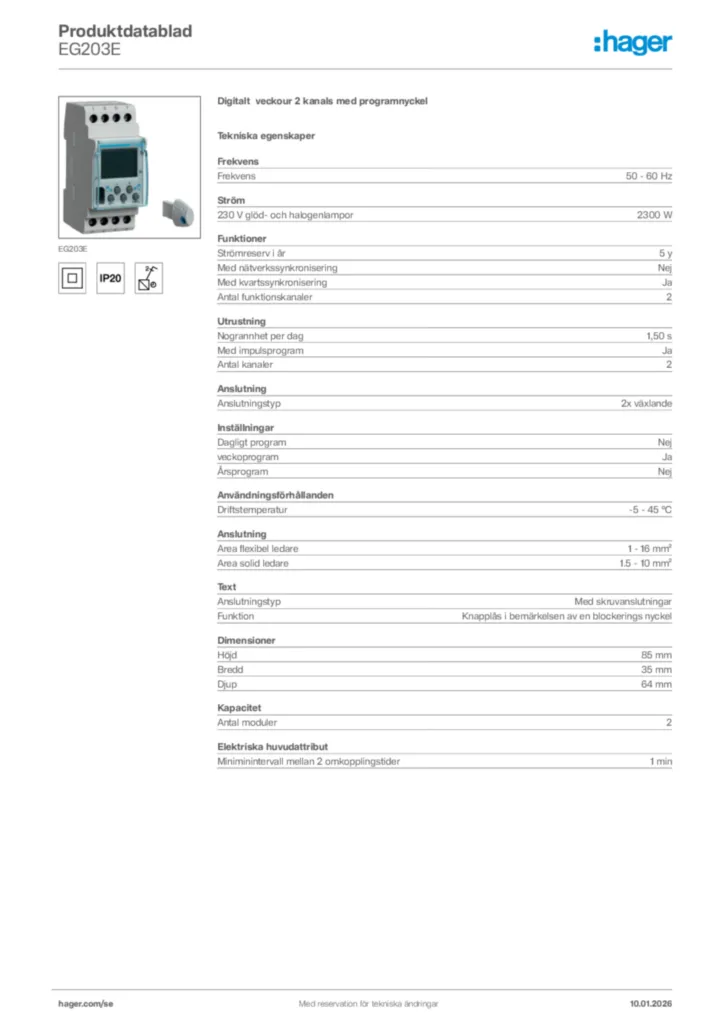 Bild Hager Produktdatablad EG203E | Hager Sverige